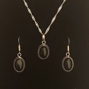 Silver And Black Onyx Pendant Necklace And Matching Earring Set